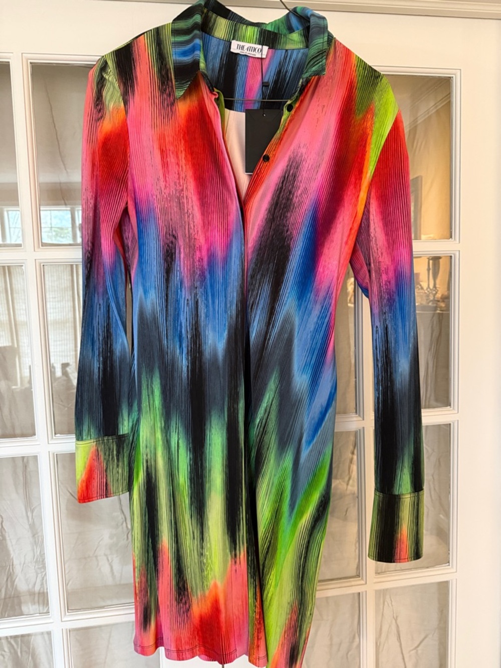 The Attico Multicolor Brushstroke Long-Sleeve Shirt Dress - Pink, Blue & Green
